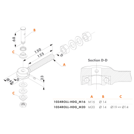 Hot-dip galvanized bearing eyebolt for 3D and 4D hinges
